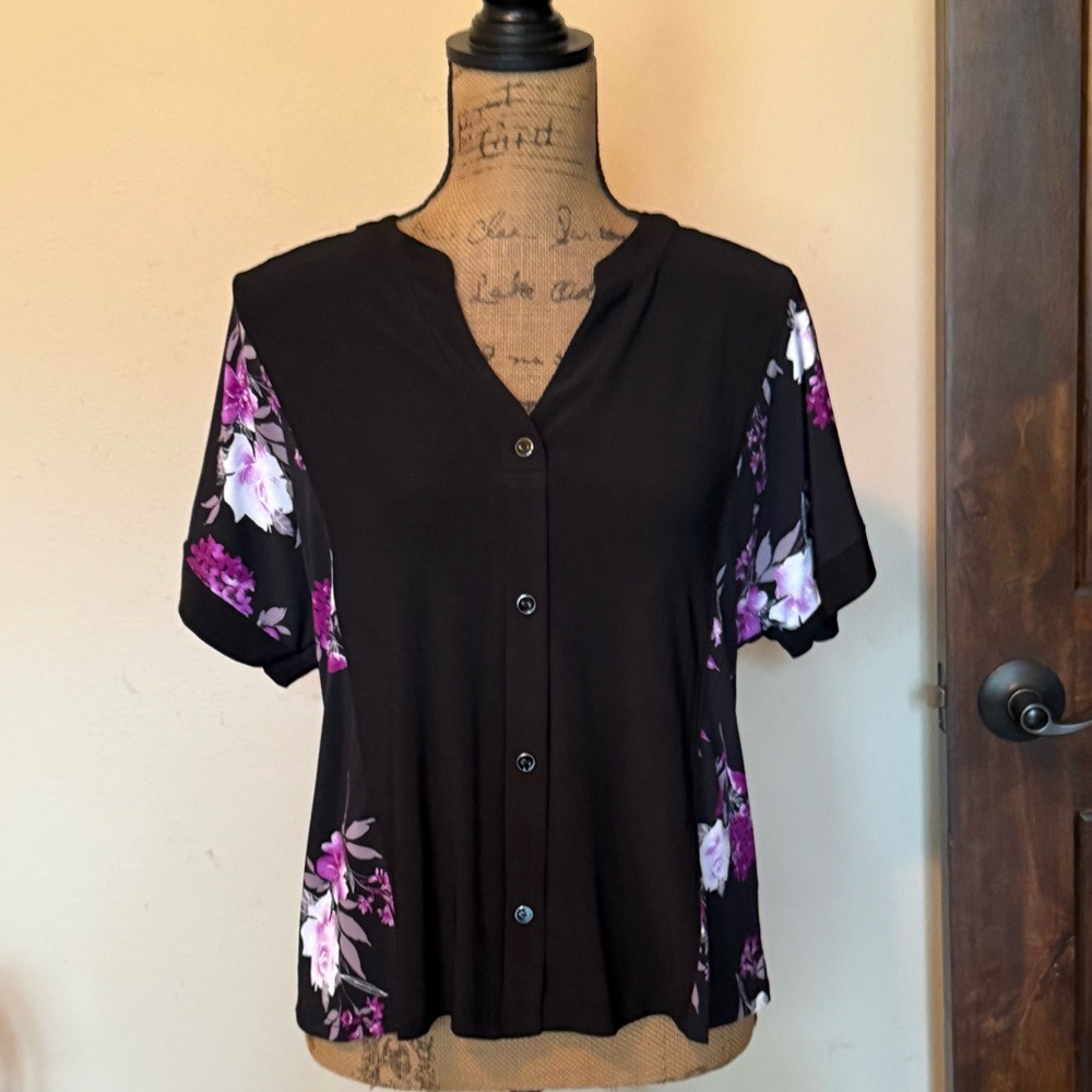 Black Floral Button-Front Womens Top with Purple Floral Accents - Picture 7 of 7